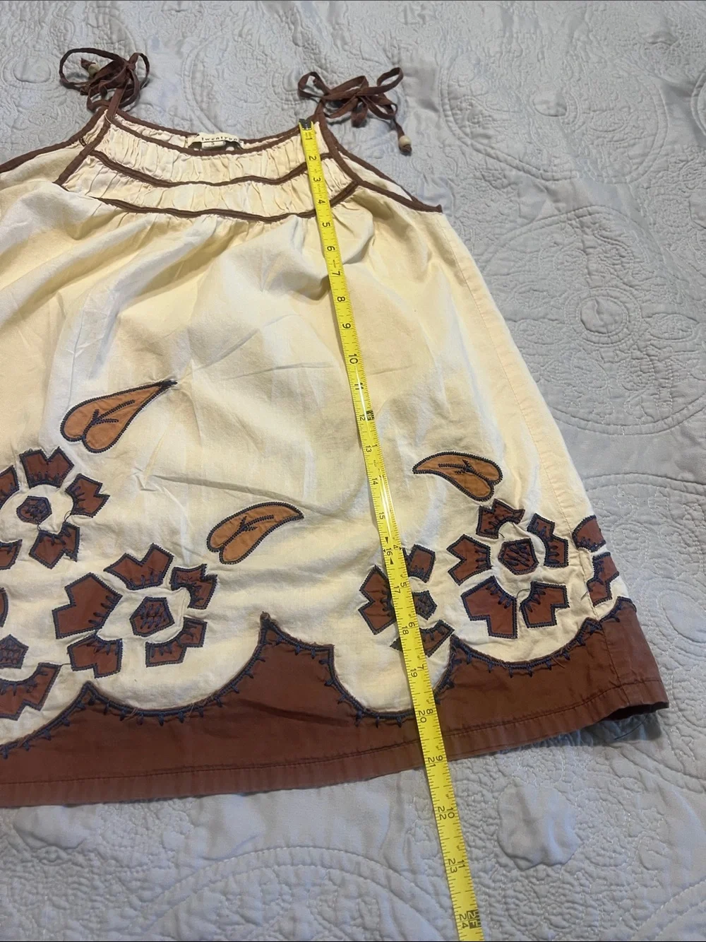 Forever 21 Cream Tank with Brown Floral Hem and Tie Straps